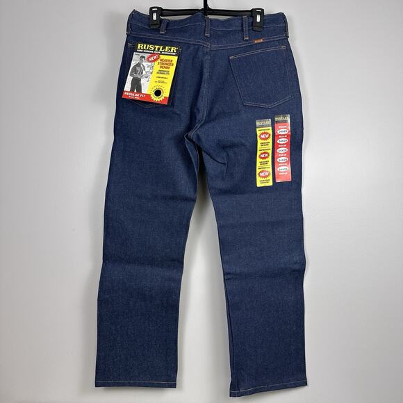 Vintage Rustler by Wrangler Bootcut Jeans 34x28 USA Made 100% Cotton NWT Dark - Picture 2 of 8